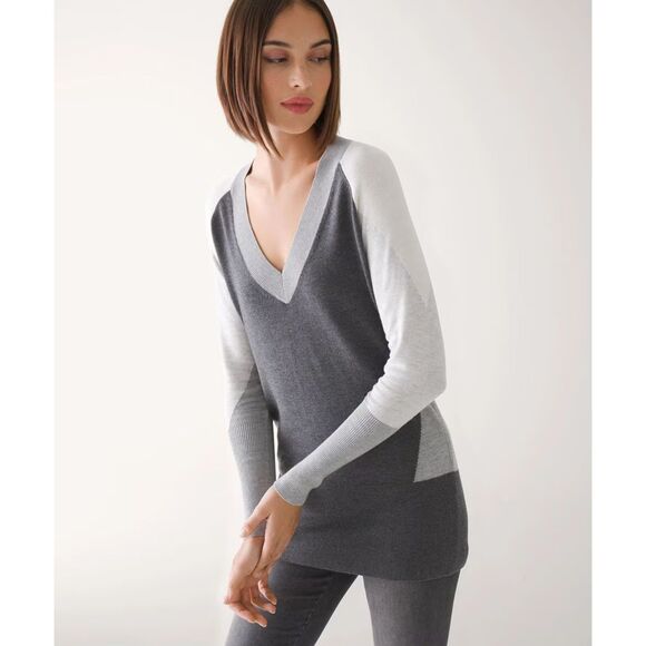 NWT WHITE HOUSE BLACK MARKET LS Vink Gray.Colorblock Tunic Sweater V-Neck Size S - Picture 2 of 10